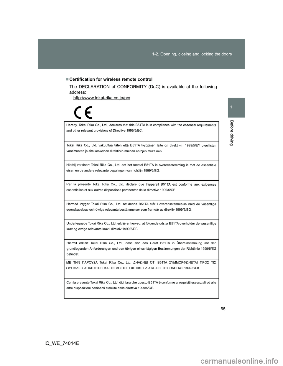 TOYOTA IQ 2012 Repair Manual 65 1-2. Opening, closing and locking the doors
1
Before driving
iQ_WE_74014E
Certification for wireless remote control
The DECLARATION of CONFORMITY (DoC) is available at the following
address:
htt