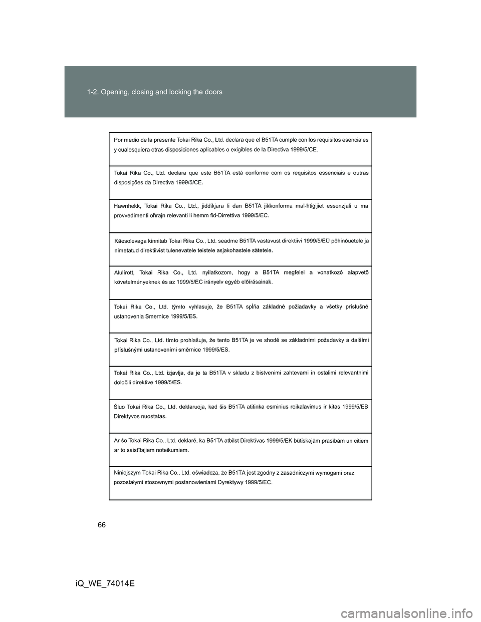 TOYOTA IQ 2012 Repair Manual 66 1-2. Opening, closing and locking the doors
iQ_WE_74014E 