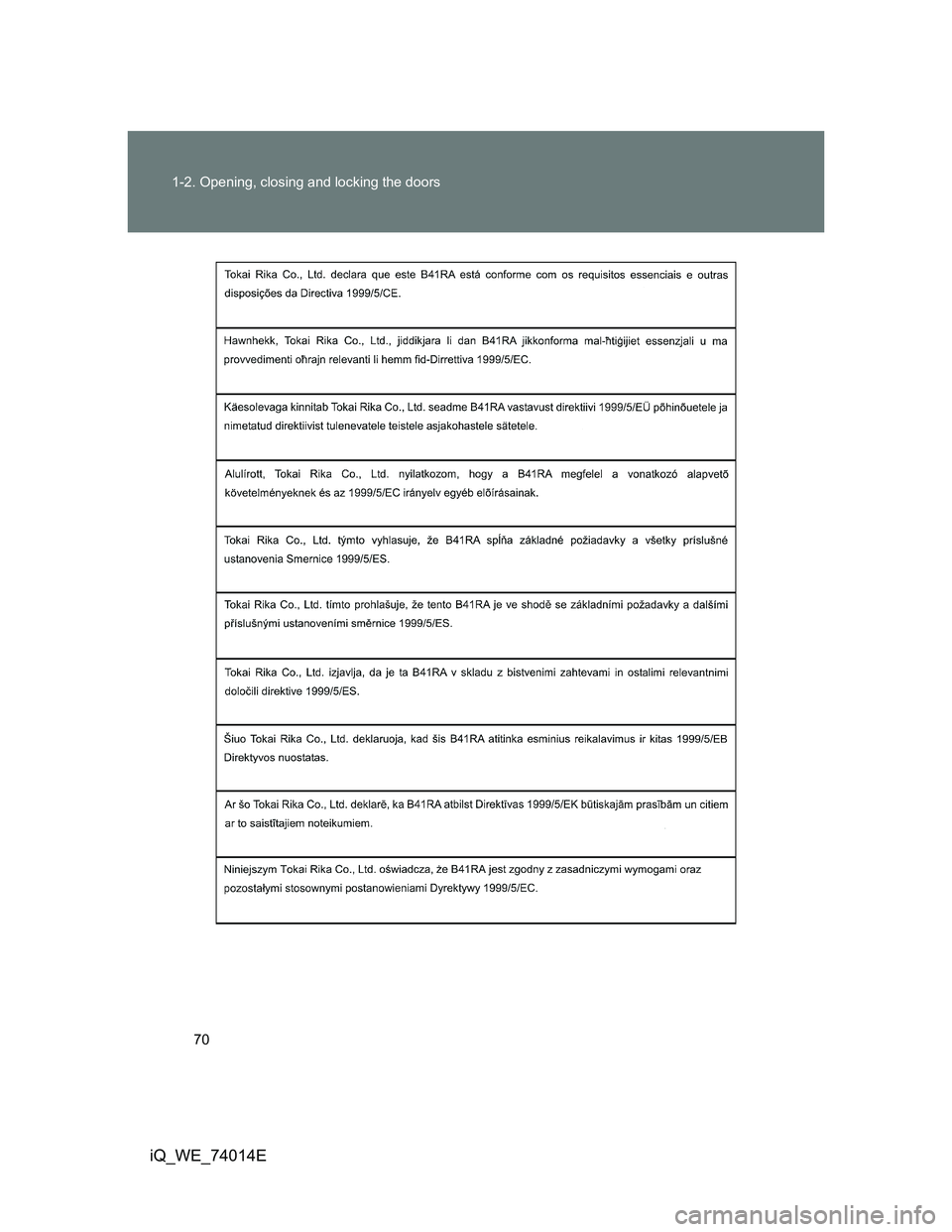 TOYOTA IQ 2012 Repair Manual 70 1-2. Opening, closing and locking the doors
iQ_WE_74014E 