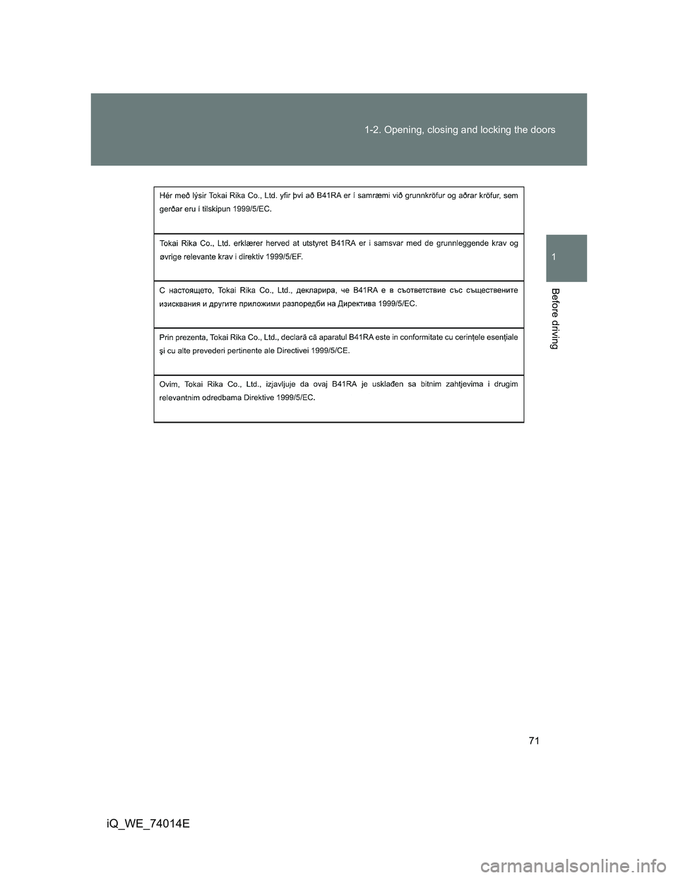 TOYOTA IQ 2012 Manual PDF 71 1-2. Opening, closing and locking the doors
1
Before driving
iQ_WE_74014E 