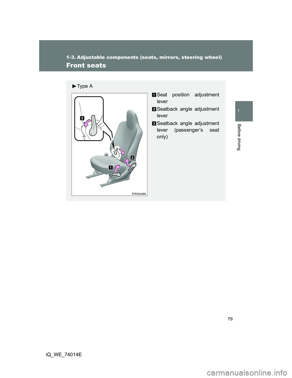 TOYOTA IQ 2012 Manual PDF 79
1
Before driving
iQ_WE_74014E
1-3. Adjustable components (seats, mirrors, steering wheel)
Front seats
Ty p e  A
Seat position adjustment
lever
Seatback angle adjustment
lever
Seatback angle adjustm