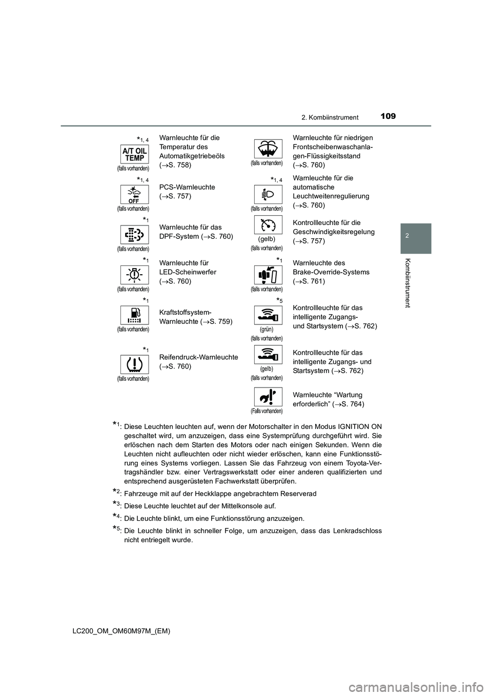 TOYOTA LAND CRUISER 2016  Betriebsanleitungen (in German) 1092. Kombiinstrument
2
Kombiinstrument
LC200_OM_OM60M97M_(EM)
*1: Diese Leuchten leuchten auf, wenn der Motorschalter in den Modus IGNITION ONgeschaltet wird, um anzuzeigen, dass eine Systemprüfung 