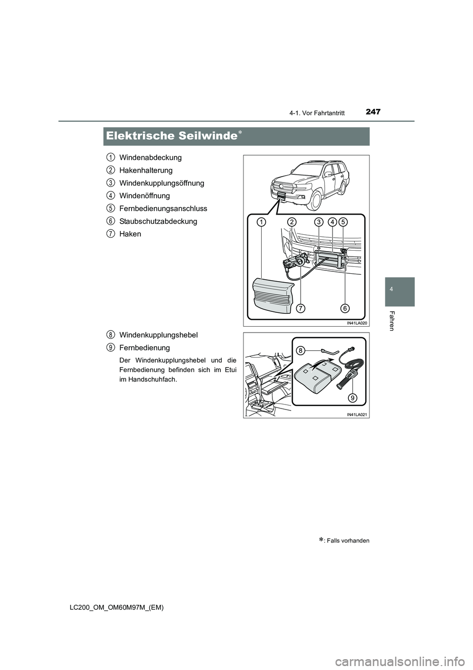 TOYOTA LAND CRUISER 2015 Betriebsanleitungen (in German) 247
4
4-1. Vor Fahrtantritt
Fahren
LC200_OM_OM60M97M_(EM)
Elektrische Seilwinde∗
Windenabdeckung
Hakenhalterung
Windenkupplungsöffnung
Windenöffnung
Fernbedienungsanschluss
Staubschutzabdeckung
Ha TOYOTA LAND CRUISER 2015 Betriebsanleitungen (in German) 247
4
4-1. Vor Fahrtantritt
Fahren
LC200_OM_OM60M97M_(EM)
Elektrische Seilwinde∗
Windenabdeckung
Hakenhalterung
Windenkupplungsöffnung
Windenöffnung
Fernbedienungsanschluss
Staubschutzabdeckung
Ha