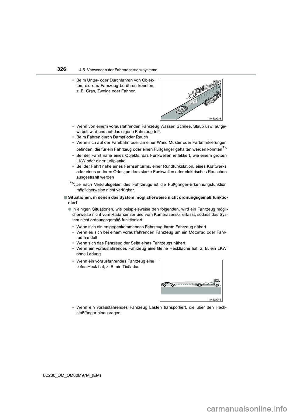 TOYOTA LAND CRUISER 2015  Betriebsanleitungen (in German) 3264-5. Verwenden der Fahrerassistenzsysteme
LC200_OM_OM60M97M_(EM)• Wenn von einem vorausfahrenden Fahrzeug Wasser, Schnee, Staub usw. aufge-
wirbelt wird und auf das eigene Fahrzeug trifft
• Bei