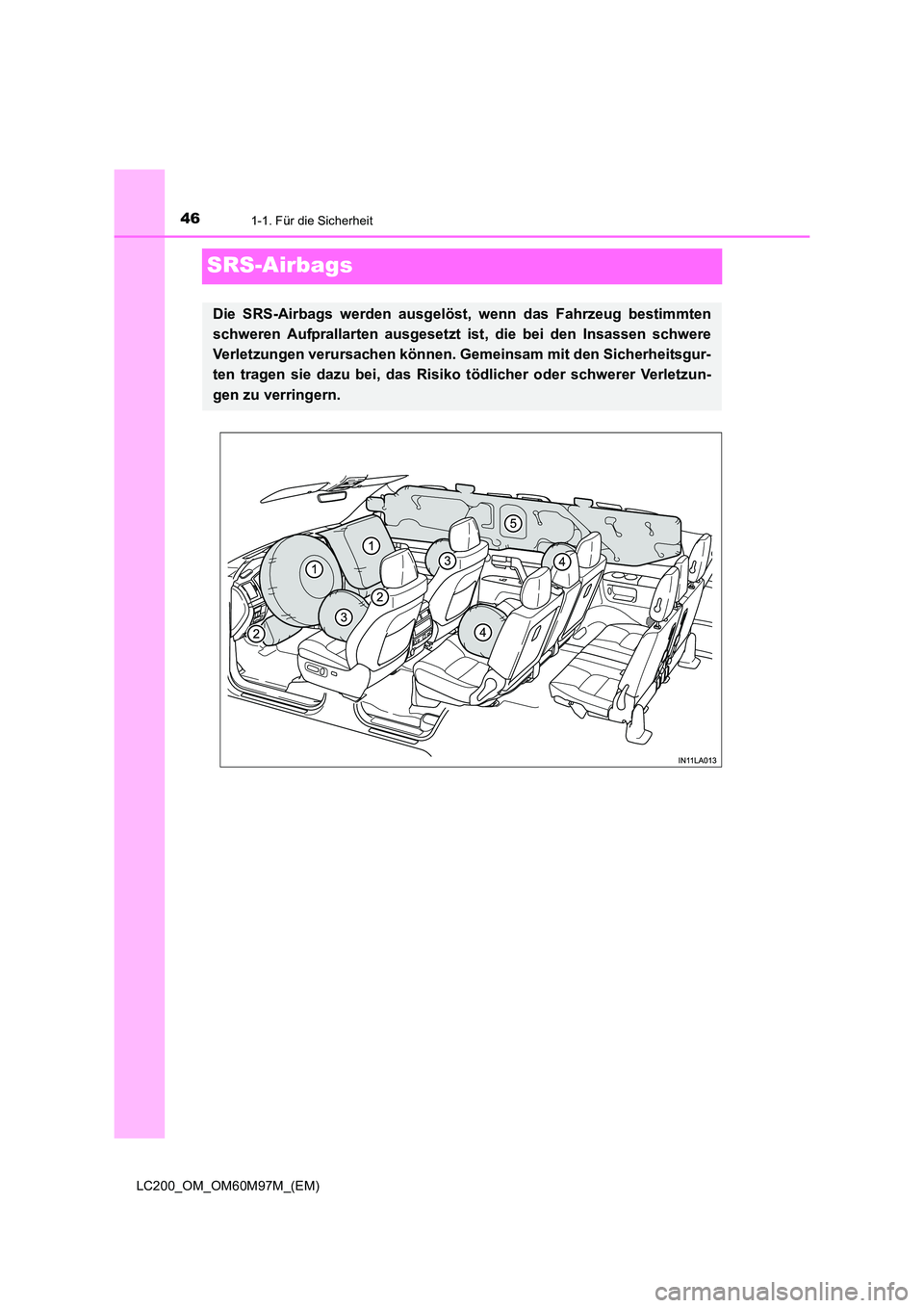 TOYOTA LAND CRUISER 2015  Betriebsanleitungen (in German) 461-1. Für die Sicherheit
LC200_OM_OM60M97M_(EM)
SRS-Airbags
Die SRS-Airbags werden ausgelöst, wenn das Fahrzeug bestimmten
schweren Aufprallarten ausgesetzt  ist, die bei den Insassen schwere
Verle