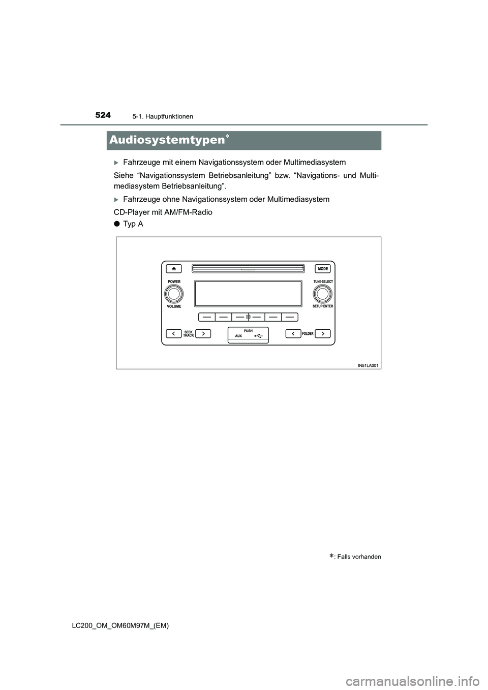 TOYOTA LAND CRUISER 2015  Betriebsanleitungen (in German) 5245-1. Hauptfunktionen
LC200_OM_OM60M97M_(EM)
Audiosystemtypen∗
�XFahrzeuge mit einem Navigationssystem oder Multimediasystem
Siehe “Navigationssystem Betriebsanleitung” bzw. “Navigations- un