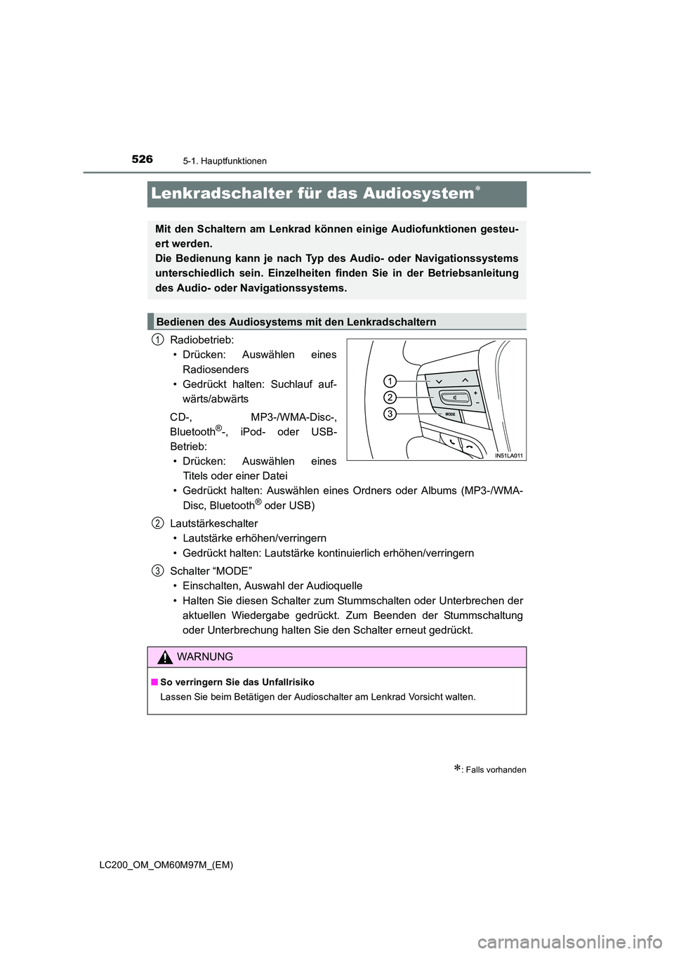 TOYOTA LAND CRUISER 2015  Betriebsanleitungen (in German) 5265-1. Hauptfunktionen
LC200_OM_OM60M97M_(EM)
Lenkradschalter für das Audiosystem∗
Radiobetrieb:• Drücken: Auswählen eines
Radiosenders
• Gedrückt halten: Suchlauf auf- wärts/abwärts
CD-,