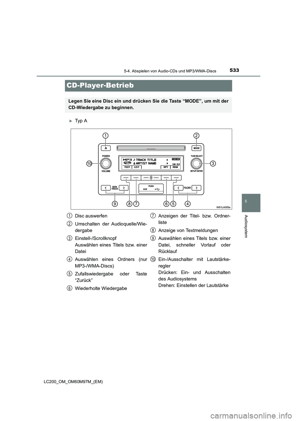 TOYOTA LAND CRUISER 2015  Betriebsanleitungen (in German) 533
5
5-4. Abspielen von Audio-CDs und MP3/WMA-Discs
Audiosystem
LC200_OM_OM60M97M_(EM)
CD-Player-Betrieb
�XTy p  A
Legen Sie eine Disc ein und drücken Sie die Taste “MODE”, um mit der
CD-Wiederg