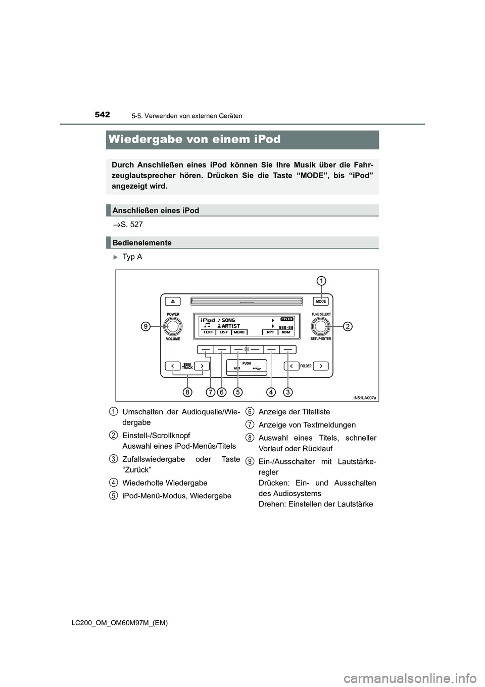 TOYOTA LAND CRUISER 2015  Betriebsanleitungen (in German) 5425-5. Verwenden von externen Geräten
LC200_OM_OM60M97M_(EM)
Wiedergabe von einem iPod
→S. 527
�XTy p  A
Durch Anschließen eines iPod könn en Sie Ihre Musik über die Fahr-
zeuglautsprecher hör