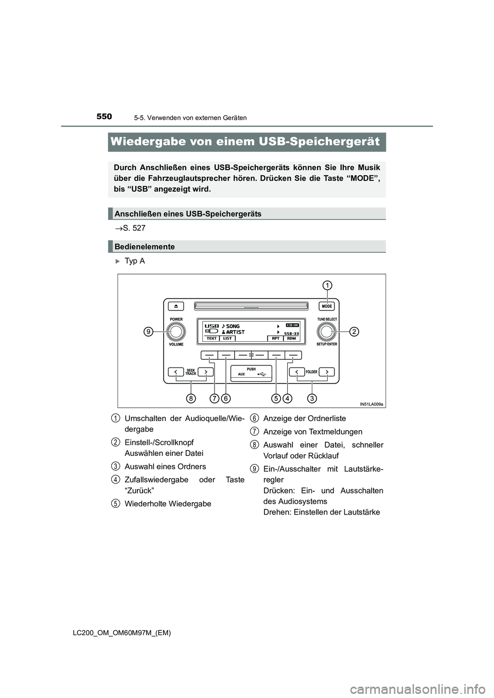 TOYOTA LAND CRUISER 2015  Betriebsanleitungen (in German) 5505-5. Verwenden von externen Geräten
LC200_OM_OM60M97M_(EM)
Wiedergabe von einem USB-Speichergerät
→S. 527
�XTy p  A
Durch Anschließen eines USB-Speich ergeräts können Sie Ihre Musik
über di