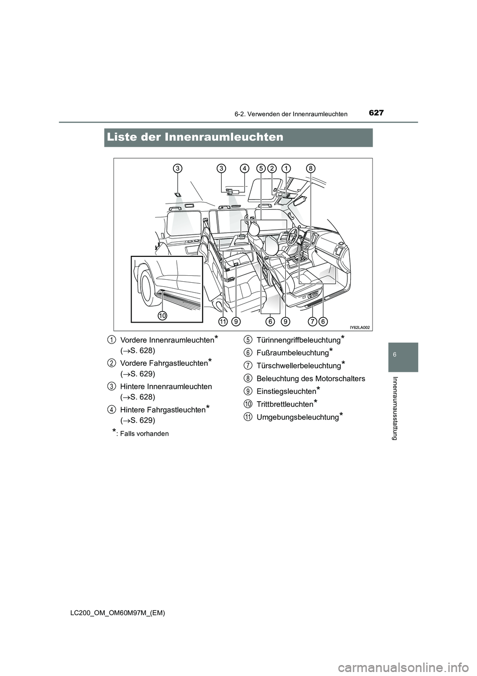 TOYOTA LAND CRUISER 2015  Betriebsanleitungen (in German) 6276-2. Verwenden der Innenraumleuchten
LC200_OM_OM60M97M_(EM)
6
Innenraumausstattung
Liste der Innenraumleuchten
Vordere Innenraumleuchten* 
( → S. 628)
Vordere Fahrgastleuchten
* 
( → S. 629)
Hi