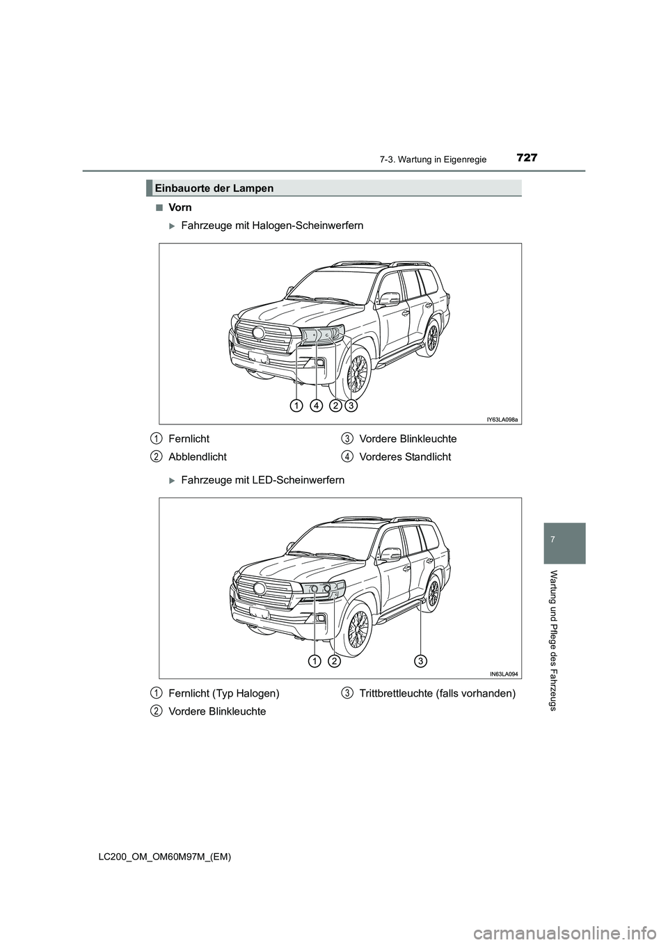 TOYOTA LAND CRUISER 2015  Betriebsanleitungen (in German) 7277-3. Wartung in Eigenregie
LC200_OM_OM60M97M_(EM)
7
Wartung und Pflege des Fahrzeugs
■Vo r n
�XFahrzeuge mit Halogen-Scheinwerfern
�XFahrzeuge mit LED-Scheinwerfern
Einbauorte der Lampen
Fernlich