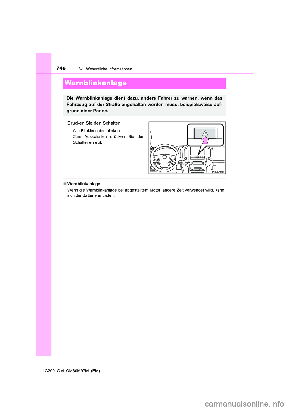 TOYOTA LAND CRUISER 2015  Betriebsanleitungen (in German) 7468-1. Wesentliche Informationen
LC200_OM_OM60M97M_(EM)
War nblinkanlage
Drücken Sie den Schalter.
Alle Blinkleuchten blinken. 
Zum Ausschalten drücken Sie den
Schalter erneut.
■Warnblinkanlage
W