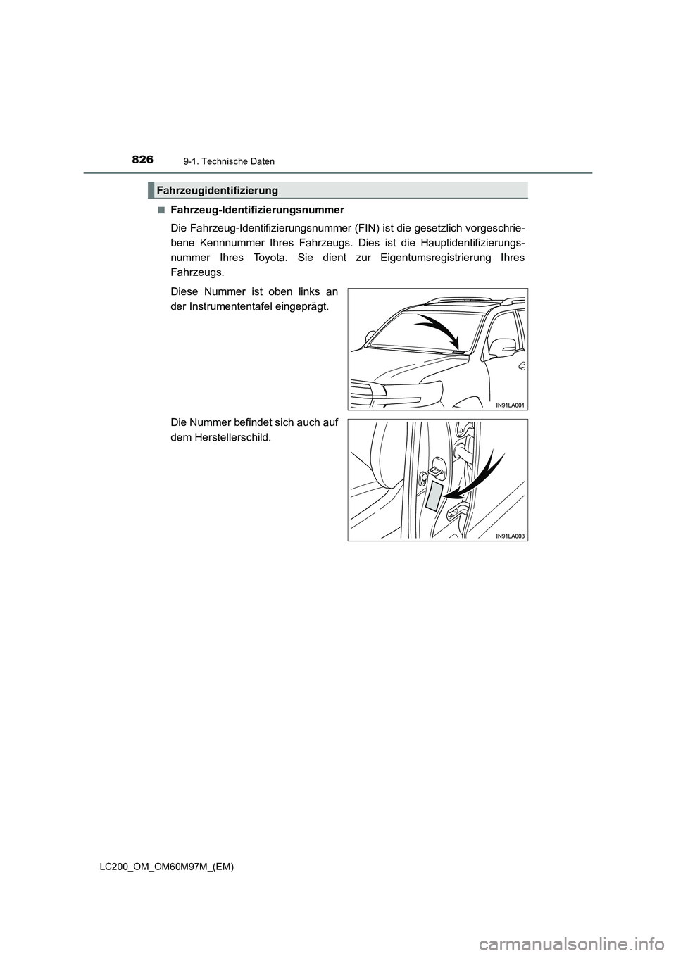 TOYOTA LAND CRUISER 2015 Betriebsanleitungen (in German) 8269-1. Technische Daten
LC200_OM_OM60M97M_(EM)■
Fahrzeug-Identifizierungsnummer
Die Fahrzeug-Identifizierungsnummer (FIN) ist die gesetzlich vorgeschrie-
bene Kennnummer Ihres Fahrzeugs. Dies ist d TOYOTA LAND CRUISER 2015 Betriebsanleitungen (in German) 8269-1. Technische Daten
LC200_OM_OM60M97M_(EM)■
Fahrzeug-Identifizierungsnummer
Die Fahrzeug-Identifizierungsnummer (FIN) ist die gesetzlich vorgeschrie-
bene Kennnummer Ihres Fahrzeugs. Dies ist d