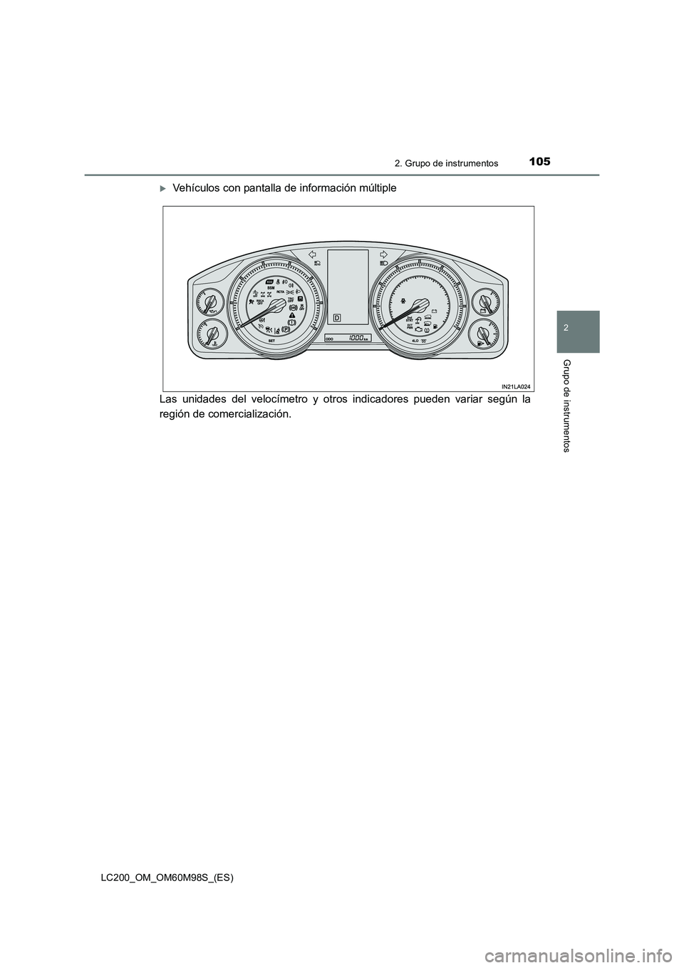 TOYOTA LAND CRUISER 2015  Manual del propietario (in Spanish) 1052. Grupo de instrumentos
2
Grupo de instrumentos
LC200_OM_OM60M98S_(ES)
�XVehículos con pantalla de información múltiple
Las unidades del velocímetro y otros indicadores pueden variar según la
