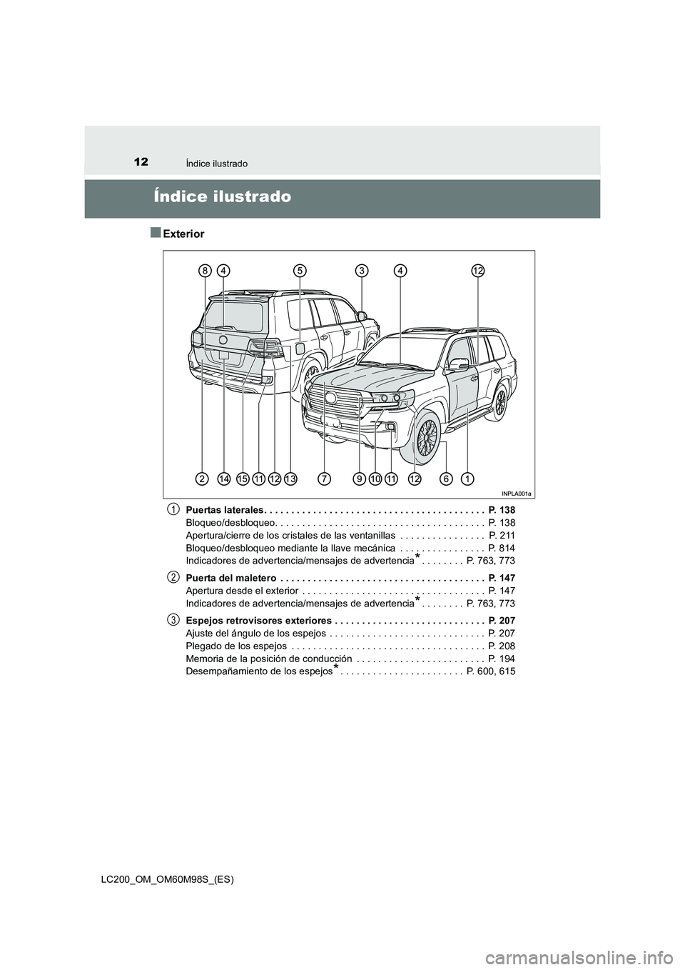 TOYOTA LAND CRUISER 2015  Manual del propietario (in Spanish) 12Índice ilustrado
LC200_OM_OM60M98S_(ES)
Índice ilustrado
■Exterior
Puertas laterales. . . . . . . . . . . . . . . . . . . . . . . . . . . . . . . . . . . . . . . . .  P. 138
Bloqueo/desbloqueo. 