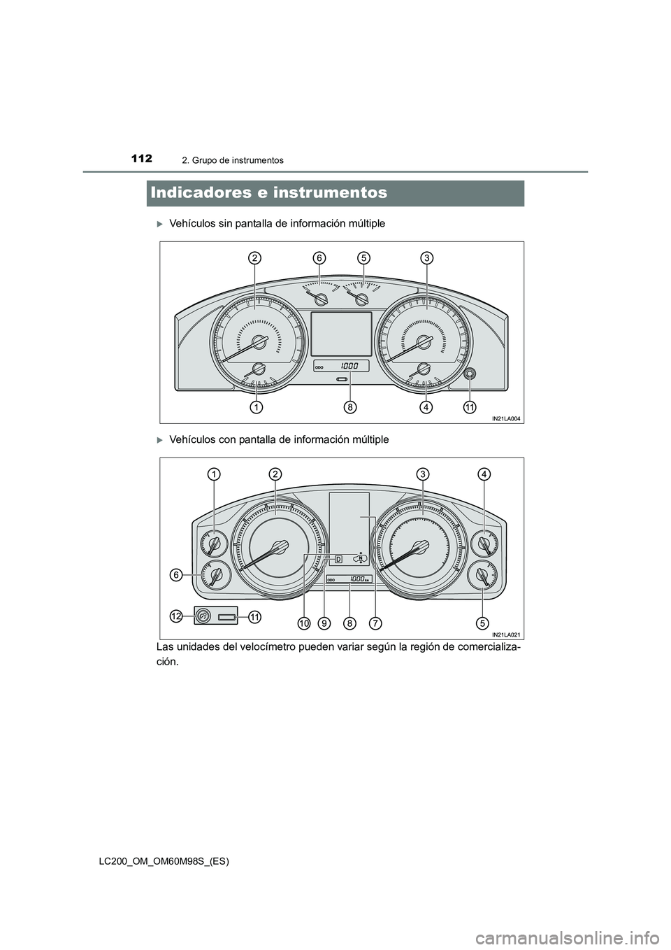 TOYOTA LAND CRUISER 2015  Manual del propietario (in Spanish) 1122. Grupo de instrumentos
LC200_OM_OM60M98S_(ES)
Indicadores e instrumentos
�XVehículos sin pantalla de información múltiple
�XVehículos con pantalla de información múltiple
Las unidades del v