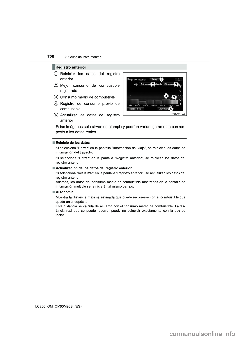 TOYOTA LAND CRUISER 2015  Manual del propietario (in Spanish) 1302. Grupo de instrumentos
LC200_OM_OM60M98S_(ES)
Reiniciar los datos del registro
anterior
Mejor consumo de combustible
registrado
Consumo medio de combustible
Registro de consumo previo de
combusti