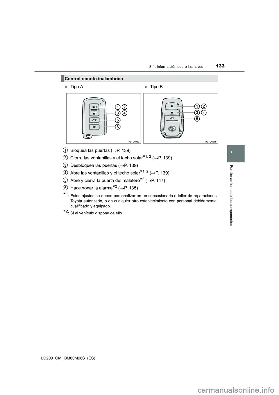 TOYOTA LAND CRUISER 2015 Manual del propietario (in Spanish) 1333-1. Información sobre las llaves
3
Funcionamiento de los componentes
LC200_OM_OM60M98S_(ES)
Bloquea las puertas (→P. 139)
Cierra las ventanillas y el techo solar
*1, 2 ( → P. 139)
Desbloquea TOYOTA LAND CRUISER 2015 Manual del propietario (in Spanish) 1333-1. Información sobre las llaves
3
Funcionamiento de los componentes
LC200_OM_OM60M98S_(ES)
Bloquea las puertas (→P. 139)
Cierra las ventanillas y el techo solar
*1, 2 ( → P. 139)
Desbloquea