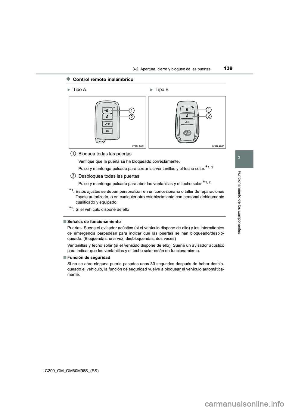 TOYOTA LAND CRUISER 2015 Manual del propietario (in Spanish) 1393-2. Apertura, cierre y bloqueo de las puertas
3
Funcionamiento de los componentes
LC200_OM_OM60M98S_(ES)
◆Control remoto inalámbricoBloquea todas las puertas
Verifique que la puerta se ha bloqu TOYOTA LAND CRUISER 2015 Manual del propietario (in Spanish) 1393-2. Apertura, cierre y bloqueo de las puertas
3
Funcionamiento de los componentes
LC200_OM_OM60M98S_(ES)
◆Control remoto inalámbricoBloquea todas las puertas
Verifique que la puerta se ha bloqu