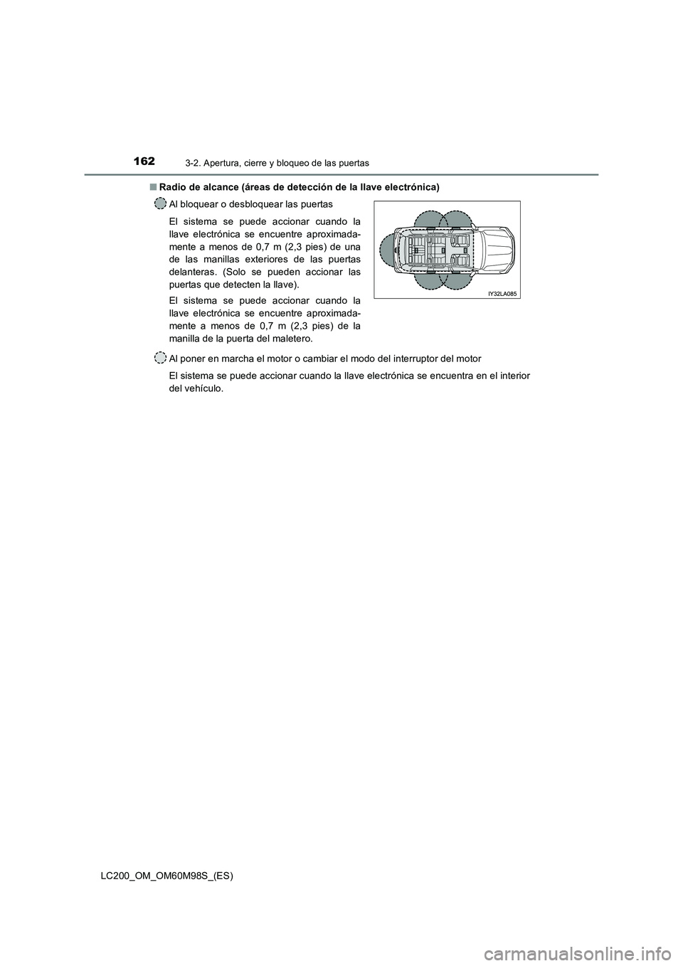 TOYOTA LAND CRUISER 2015  Manual del propietario (in Spanish) 1623-2. Apertura, cierre y bloqueo de las puertas
LC200_OM_OM60M98S_(ES)■
Radio de alcance (áreas de detección de la llave electrónica)
Al poner en marcha el motor o cambiar el modo del interrupt
