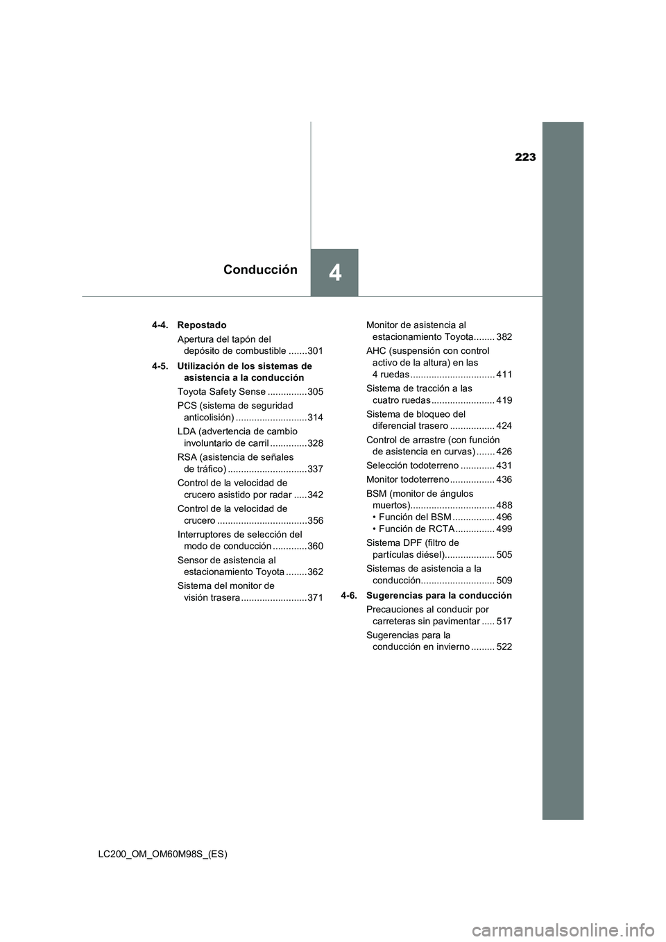 TOYOTA LAND CRUISER 2015 Manual del propietario (in Spanish) 223
4Conducción
LC200_OM_OM60M98S_(ES)4-4. Repostado
Apertura del tapón del depósito de combustible .......301
4-5. Utilización de los sistemas de asistencia a la conducción
Toyota Safety Sense TOYOTA LAND CRUISER 2015 Manual del propietario (in Spanish) 223
4Conducción
LC200_OM_OM60M98S_(ES)4-4. Repostado
Apertura del tapón del depósito de combustible .......301
4-5. Utilización de los sistemas de asistencia a la conducción
Toyota Safety Sense
