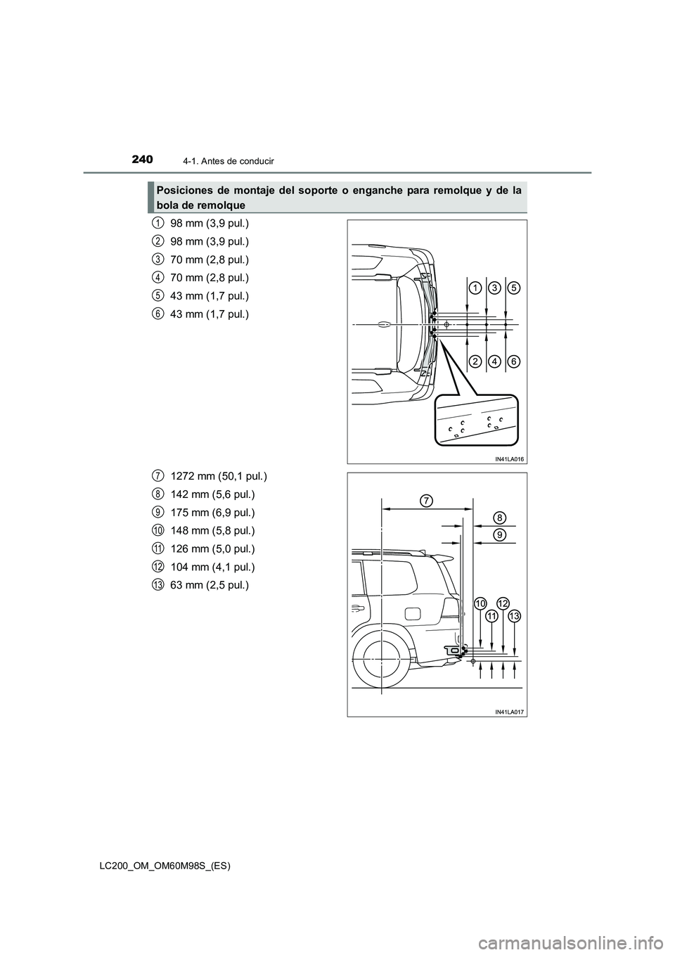 TOYOTA LAND CRUISER 2016  Manual del propietario (in Spanish) 2404-1. Antes de conducir
LC200_OM_OM60M98S_(ES)
98 mm (3,9 pul.)
98 mm (3,9 pul.)
70 mm (2,8 pul.)
70 mm (2,8 pul.)
43 mm (1,7 pul.)
43 mm (1,7 pul.)
1272 mm (50,1 pul.)
142 mm (5,6 pul.)
175 mm (6,9