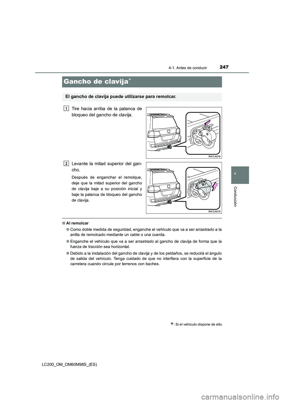 TOYOTA LAND CRUISER 2016  Manual del propietario (in Spanish) 247
4
4-1. Antes de conducir
Conducción
LC200_OM_OM60M98S_(ES)
Gancho de clavija∗
Tire hacia arriba de la palanca de
bloqueo del gancho de clavija.
Levante la mitad superior del gan-
cho.
Después 
