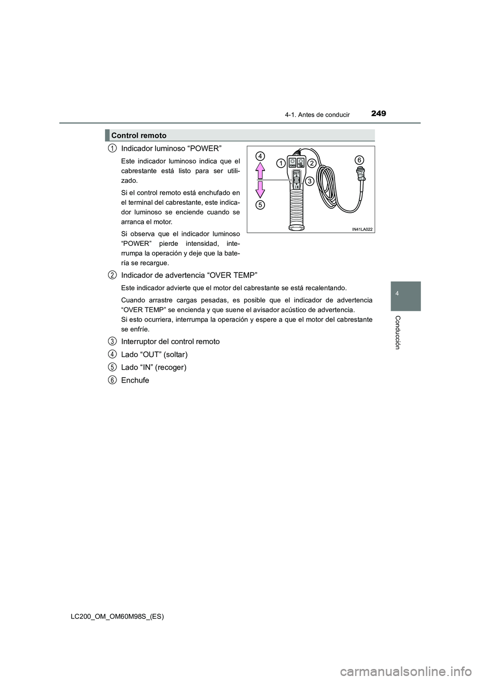 TOYOTA LAND CRUISER 2016  Manual del propietario (in Spanish) 2494-1. Antes de conducir
4
Conducción
LC200_OM_OM60M98S_(ES)
Indicador luminoso “POWER”
Este indicador luminoso indica que el
cabrestante está listo para ser utili-
zado.
Si el control remoto e