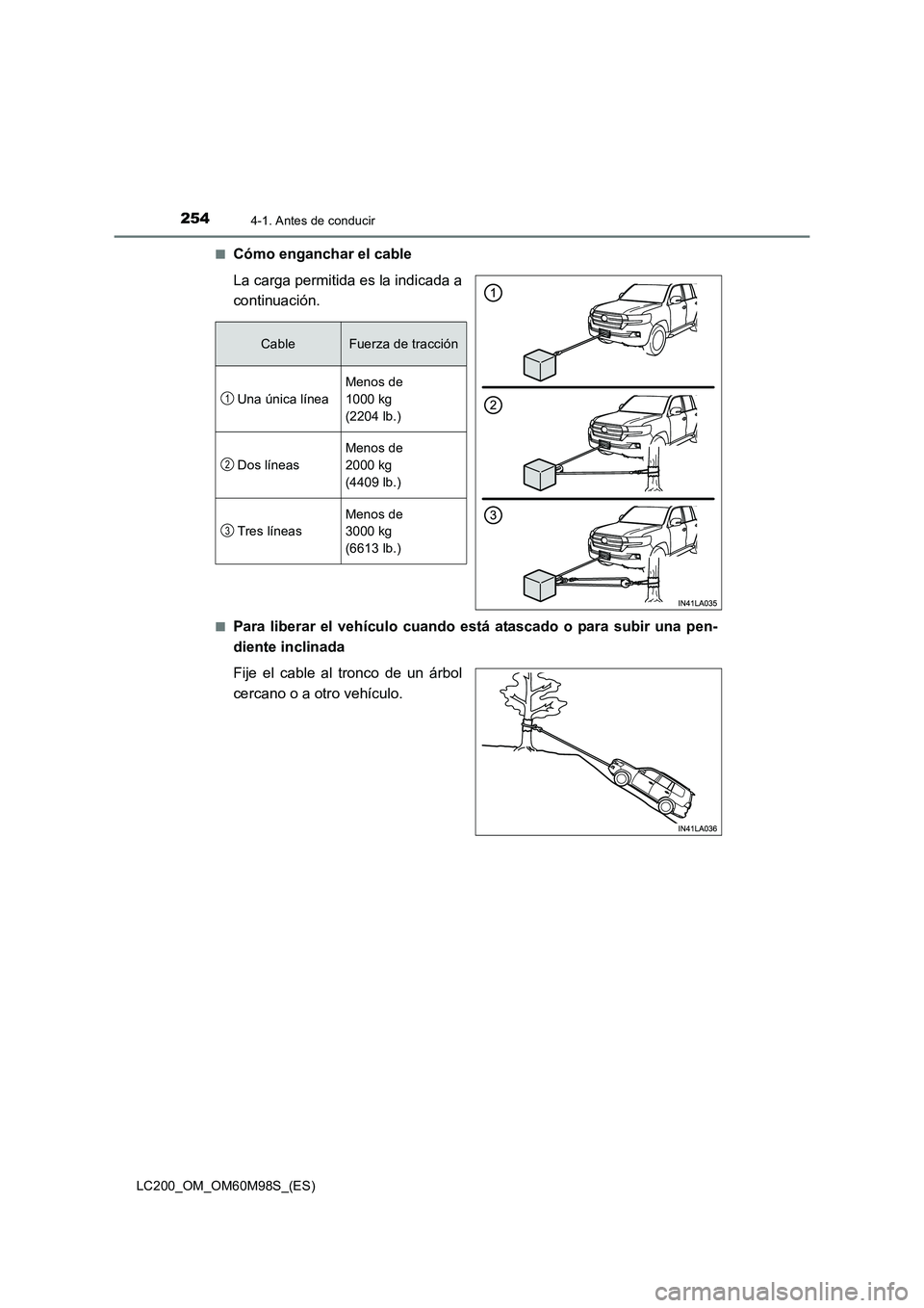 TOYOTA LAND CRUISER 2016  Manual del propietario (in Spanish) 2544-1. Antes de conducir
LC200_OM_OM60M98S_(ES)■
Cómo enganchar el cable
La carga permitida es la indicada a
continuación.
■Para liberar el vehículo cuando está atascado o para subir una pen-