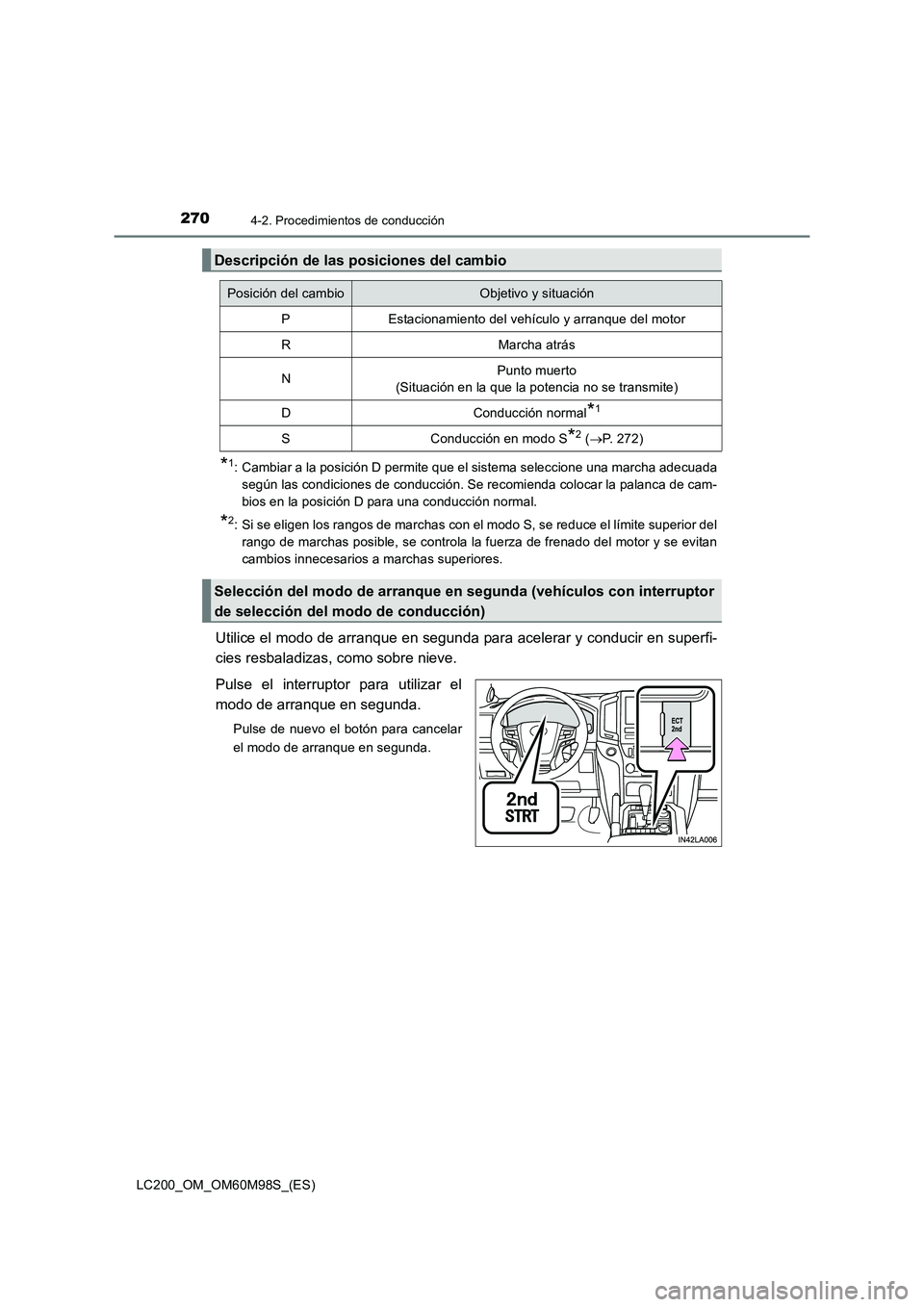 TOYOTA LAND CRUISER 2015  Manual del propietario (in Spanish) 2704-2. Procedimientos de conducción
LC200_OM_OM60M98S_(ES)
*1: Cambiar a la posición D permite que el sistema seleccione una marcha adecuadasegún las condiciones de conducción. Se recomienda colo