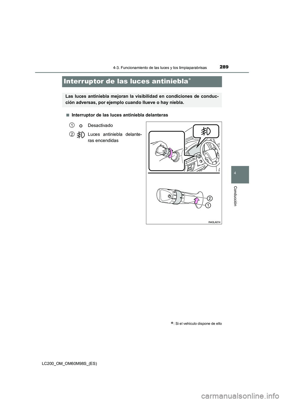 TOYOTA LAND CRUISER 2016  Manual del propietario (in Spanish) 289
4
4-3. Funcionamiento de las luces y los limpiaparabrisas
Conducción
LC200_OM_OM60M98S_(ES)
Interruptor de las luces antiniebla∗
■Interruptor de las luces antiniebla delanterasDesactivado
Luc