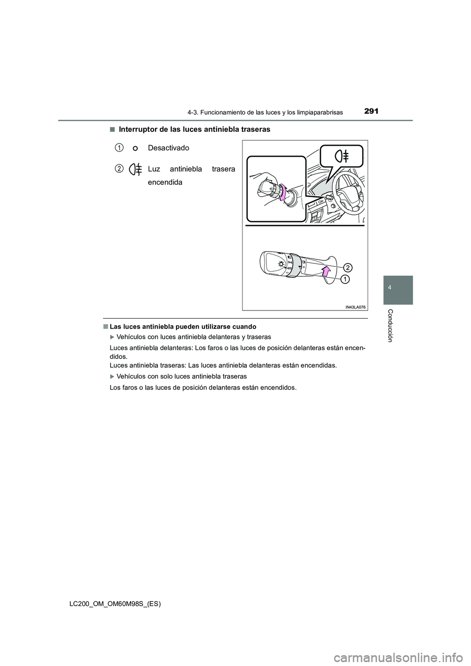 TOYOTA LAND CRUISER 2016  Manual del propietario (in Spanish) 2914-3. Funcionamiento de las luces y los limpiaparabrisas
4
Conducción
LC200_OM_OM60M98S_(ES)■
Interruptor de las luces antiniebla traseras
Desactivado
Luz antiniebla trasera
encendida
■Las luce