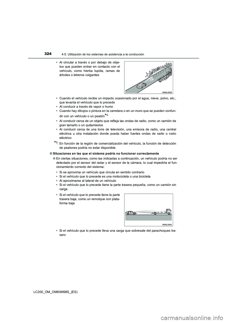 TOYOTA LAND CRUISER 2016  Manual del propietario (in Spanish) 3244-5. Utilización de los sistemas de asistencia a la conducción
LC200_OM_OM60M98S_(ES)• Cuando el vehículo recibe un impacto ocasionado por el agua, nieve, polvo, etc.,
que levanta el vehículo