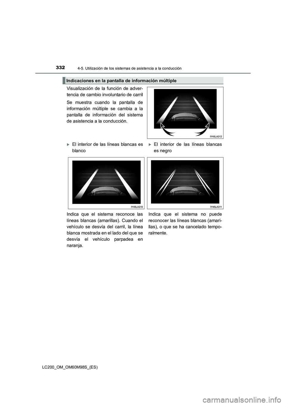 TOYOTA LAND CRUISER 2016 Manual del propietario (in Spanish) 3324-5. Utilización de los sistemas de asistencia a la conducción
LC200_OM_OM60M98S_(ES)
Visualización de la función de adver-
tencia de cambio involuntario de carril
Se muestra cuando la pantalla TOYOTA LAND CRUISER 2016 Manual del propietario (in Spanish) 3324-5. Utilización de los sistemas de asistencia a la conducción
LC200_OM_OM60M98S_(ES)
Visualización de la función de adver-
tencia de cambio involuntario de carril
Se muestra cuando la pantalla