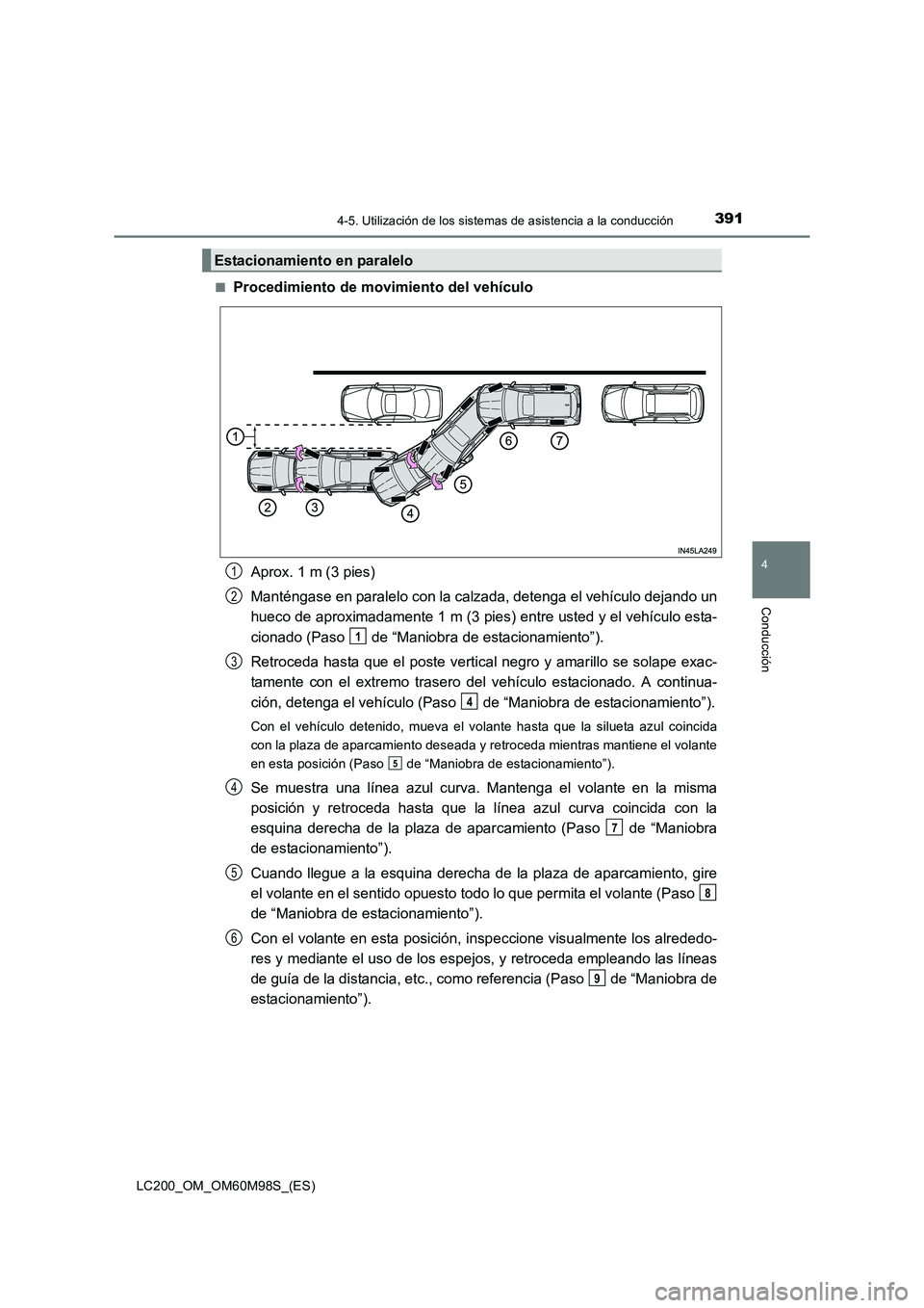 TOYOTA LAND CRUISER 2015 Manual del propietario (in Spanish) 3914-5. Utilización de los sistemas de asistencia a la conducción
4
Conducción
LC200_OM_OM60M98S_(ES)■
Procedimiento de movimiento del vehículo
Aprox. 1 m (3 pies)
Manténgase en paralelo con la TOYOTA LAND CRUISER 2015 Manual del propietario (in Spanish) 3914-5. Utilización de los sistemas de asistencia a la conducción
4
Conducción
LC200_OM_OM60M98S_(ES)■
Procedimiento de movimiento del vehículo
Aprox. 1 m (3 pies)
Manténgase en paralelo con la