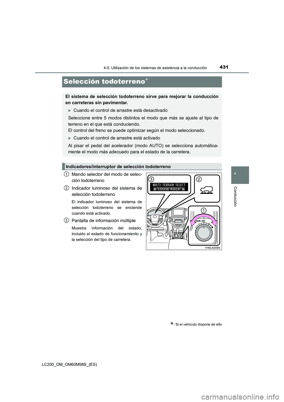 TOYOTA LAND CRUISER 2015 Manual del propietario (in Spanish) 431
4
4-5. Utilización de los sistemas de asistencia a la conducción
Conducción
LC200_OM_OM60M98S_(ES)
Selección todoterreno∗
Mando selector del modo de selec-
ción todoterreno
Indicador lumino TOYOTA LAND CRUISER 2015 Manual del propietario (in Spanish) 431
4
4-5. Utilización de los sistemas de asistencia a la conducción
Conducción
LC200_OM_OM60M98S_(ES)
Selección todoterreno∗
Mando selector del modo de selec-
ción todoterreno
Indicador lumino