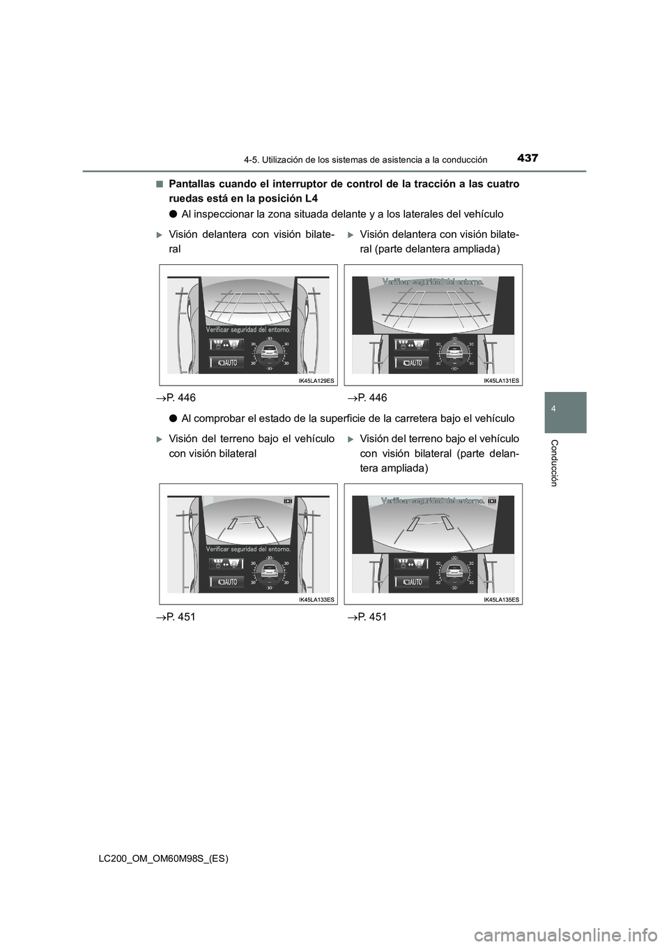 TOYOTA LAND CRUISER 2015 Manual del propietario (in Spanish) 4374-5. Utilización de los sistemas de asistencia a la conducción
4
Conducción
LC200_OM_OM60M98S_(ES)■
Pantallas cuando el interruptor de control de la tracción a las cuatro
ruedas está en la p TOYOTA LAND CRUISER 2015 Manual del propietario (in Spanish) 4374-5. Utilización de los sistemas de asistencia a la conducción
4
Conducción
LC200_OM_OM60M98S_(ES)■
Pantallas cuando el interruptor de control de la tracción a las cuatro
ruedas está en la p