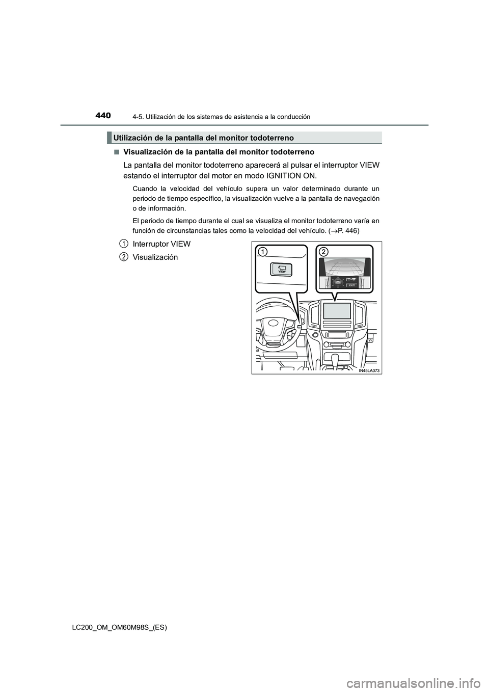 TOYOTA LAND CRUISER 2015 Manual del propietario (in Spanish) 4404-5. Utilización de los sistemas de asistencia a la conducción
LC200_OM_OM60M98S_(ES)■
Visualización de la pantalla del monitor todoterreno
La pantalla del monitor todoterreno aparecerá al pu TOYOTA LAND CRUISER 2015 Manual del propietario (in Spanish) 4404-5. Utilización de los sistemas de asistencia a la conducción
LC200_OM_OM60M98S_(ES)■
Visualización de la pantalla del monitor todoterreno
La pantalla del monitor todoterreno aparecerá al pu