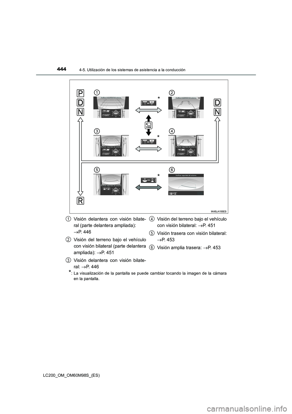 TOYOTA LAND CRUISER 2016 Manual del propietario (in Spanish) 4444-5. Utilización de los sistemas de asistencia a la conducción
LC200_OM_OM60M98S_(ES)
*: La visualización de la pantalla se puede cambiar tocando la imagen de la cámara
en la pantalla.
*
*
*
Vi TOYOTA LAND CRUISER 2016 Manual del propietario (in Spanish) 4444-5. Utilización de los sistemas de asistencia a la conducción
LC200_OM_OM60M98S_(ES)
*: La visualización de la pantalla se puede cambiar tocando la imagen de la cámara
en la pantalla.
*
*
*
Vi
