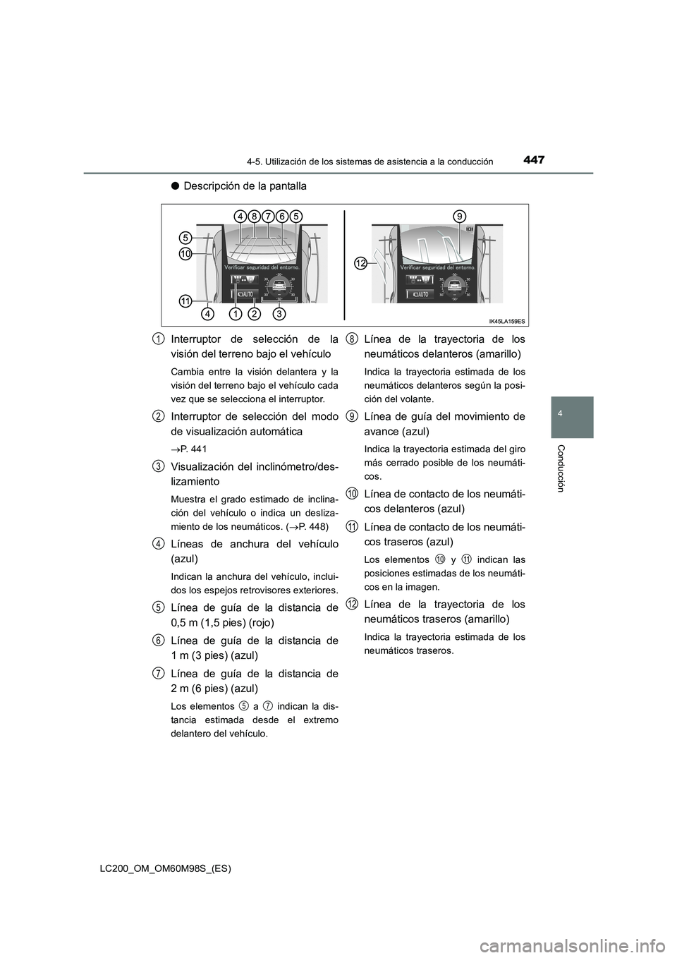 TOYOTA LAND CRUISER 2016 Manual del propietario (in Spanish) 4474-5. Utilización de los sistemas de asistencia a la conducción
4
Conducción
LC200_OM_OM60M98S_(ES)
●Descripción de la pantalla
Interruptor de selección de la
visión del terreno bajo el veh TOYOTA LAND CRUISER 2016 Manual del propietario (in Spanish) 4474-5. Utilización de los sistemas de asistencia a la conducción
4
Conducción
LC200_OM_OM60M98S_(ES)
●Descripción de la pantalla
Interruptor de selección de la
visión del terreno bajo el veh