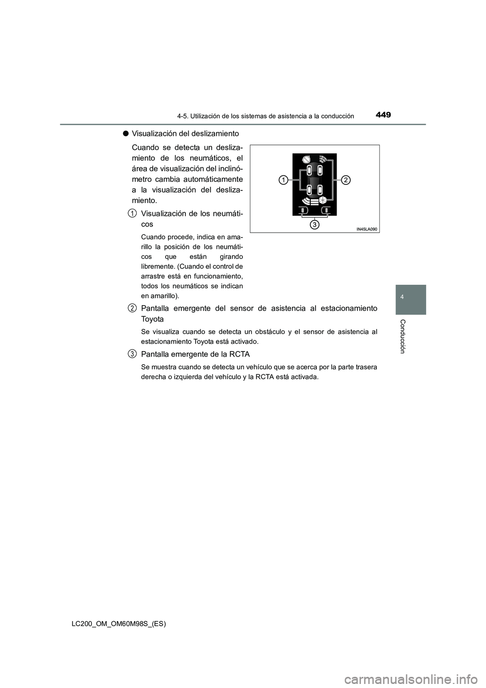TOYOTA LAND CRUISER 2016 Manual del propietario (in Spanish) 4494-5. Utilización de los sistemas de asistencia a la conducción
4
Conducción
LC200_OM_OM60M98S_(ES)
●Visualización del deslizamiento
Cuando se detecta un desliza-
miento de los neumáticos, el TOYOTA LAND CRUISER 2016 Manual del propietario (in Spanish) 4494-5. Utilización de los sistemas de asistencia a la conducción
4
Conducción
LC200_OM_OM60M98S_(ES)
●Visualización del deslizamiento
Cuando se detecta un desliza-
miento de los neumáticos, el