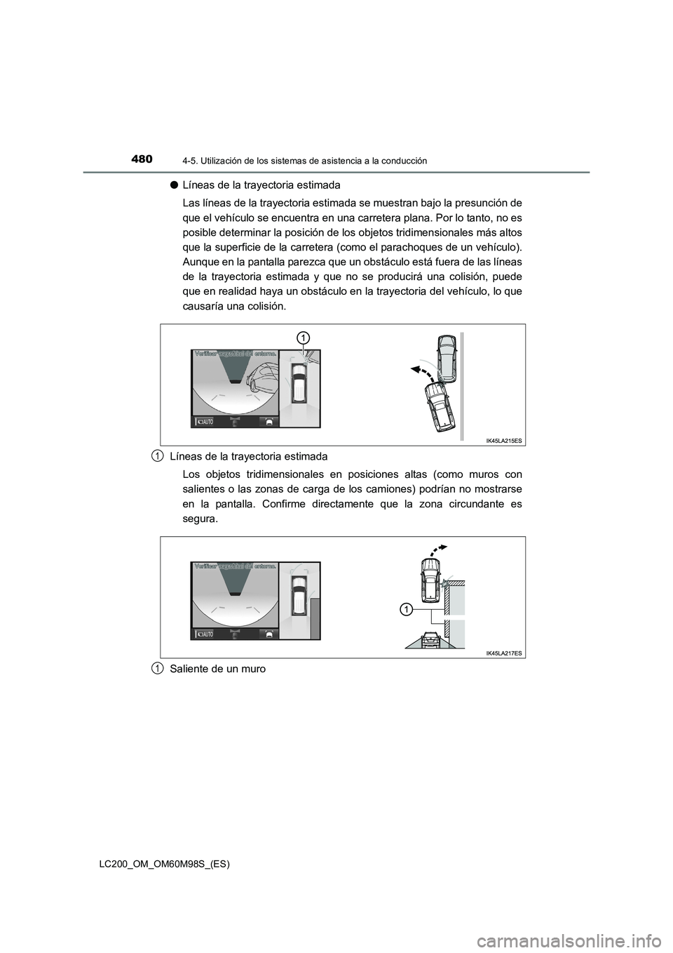 TOYOTA LAND CRUISER 2015 Manual del propietario (in Spanish) 4804-5. Utilización de los sistemas de asistencia a la conducción
LC200_OM_OM60M98S_(ES)
●Líneas de la trayectoria estimada
Las líneas de la trayectoria estimada se muestran bajo la presunción TOYOTA LAND CRUISER 2015 Manual del propietario (in Spanish) 4804-5. Utilización de los sistemas de asistencia a la conducción
LC200_OM_OM60M98S_(ES)
●Líneas de la trayectoria estimada
Las líneas de la trayectoria estimada se muestran bajo la presunción