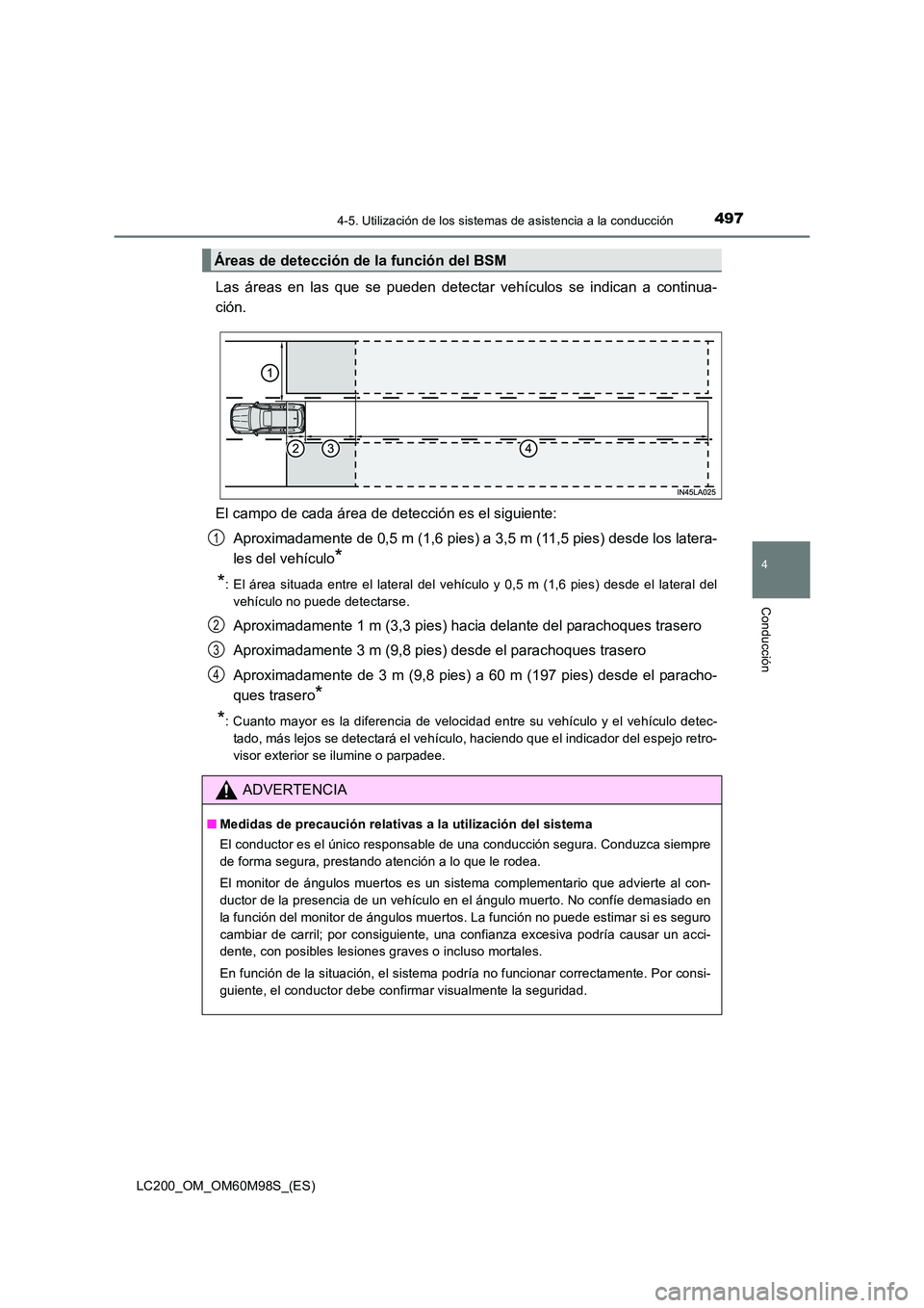 TOYOTA LAND CRUISER 2015  Manual del propietario (in Spanish) 4974-5. Utilización de los sistemas de asistencia a la conducción
4
Conducción
LC200_OM_OM60M98S_(ES)
Las áreas en las que se pueden detectar vehículos se indican a continua-
ción.
El campo de c