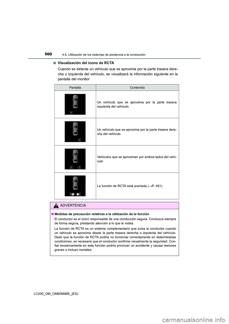 TOYOTA LAND CRUISER 2015  Manual del propietario (in Spanish) 5004-5. Utilización de los sistemas de asistencia a la conducción
LC200_OM_OM60M98S_(ES)■
Visualización del icono de RCTA
Cuando se detecta un vehículo que se aproxima por la parte trasera dere-