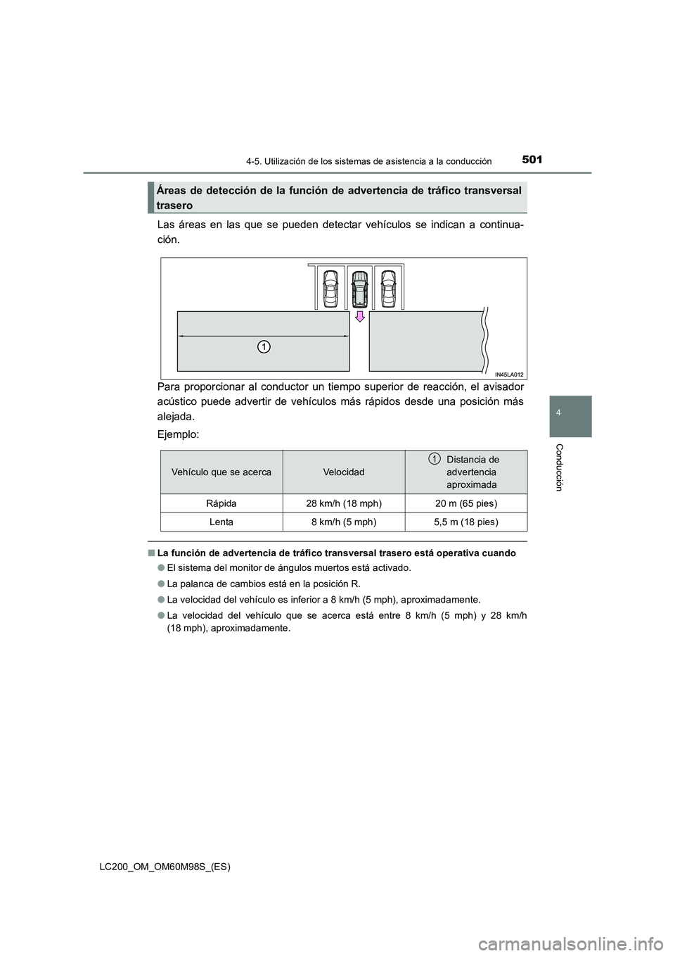 TOYOTA LAND CRUISER 2015 Manual del propietario (in Spanish) 5014-5. Utilización de los sistemas de asistencia a la conducción
4
Conducción
LC200_OM_OM60M98S_(ES)
Las áreas en las que se pueden detectar vehículos se indican a continua-
ción.
Para proporci TOYOTA LAND CRUISER 2015 Manual del propietario (in Spanish) 5014-5. Utilización de los sistemas de asistencia a la conducción
4
Conducción
LC200_OM_OM60M98S_(ES)
Las áreas en las que se pueden detectar vehículos se indican a continua-
ción.
Para proporci