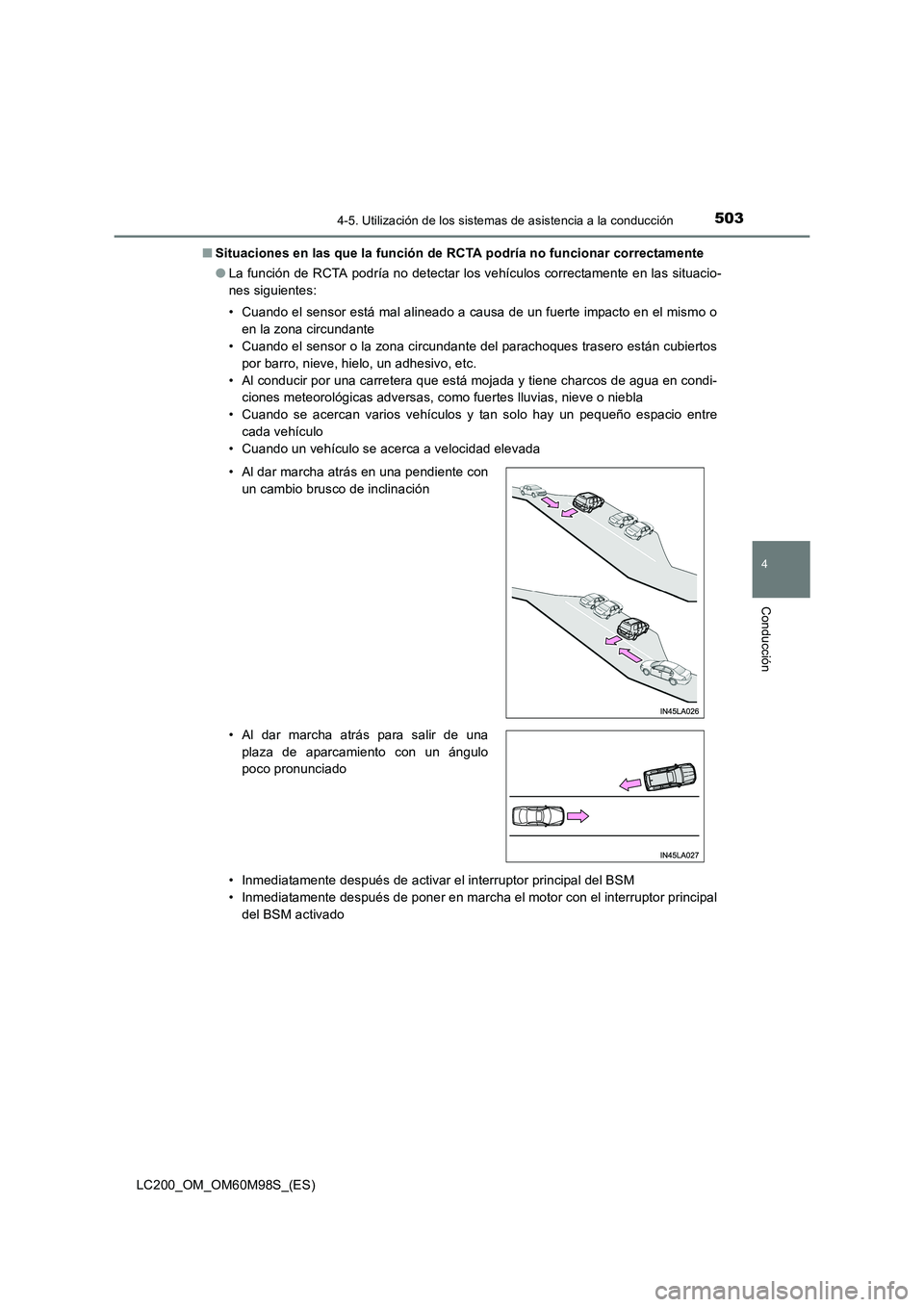 TOYOTA LAND CRUISER 2015 Manual del propietario (in Spanish) 5034-5. Utilización de los sistemas de asistencia a la conducción
4
Conducción
LC200_OM_OM60M98S_(ES)■
Situaciones en las que la función de RCTA podría no funcionar correctamente
●La función TOYOTA LAND CRUISER 2015 Manual del propietario (in Spanish) 5034-5. Utilización de los sistemas de asistencia a la conducción
4
Conducción
LC200_OM_OM60M98S_(ES)■
Situaciones en las que la función de RCTA podría no funcionar correctamente
●La función