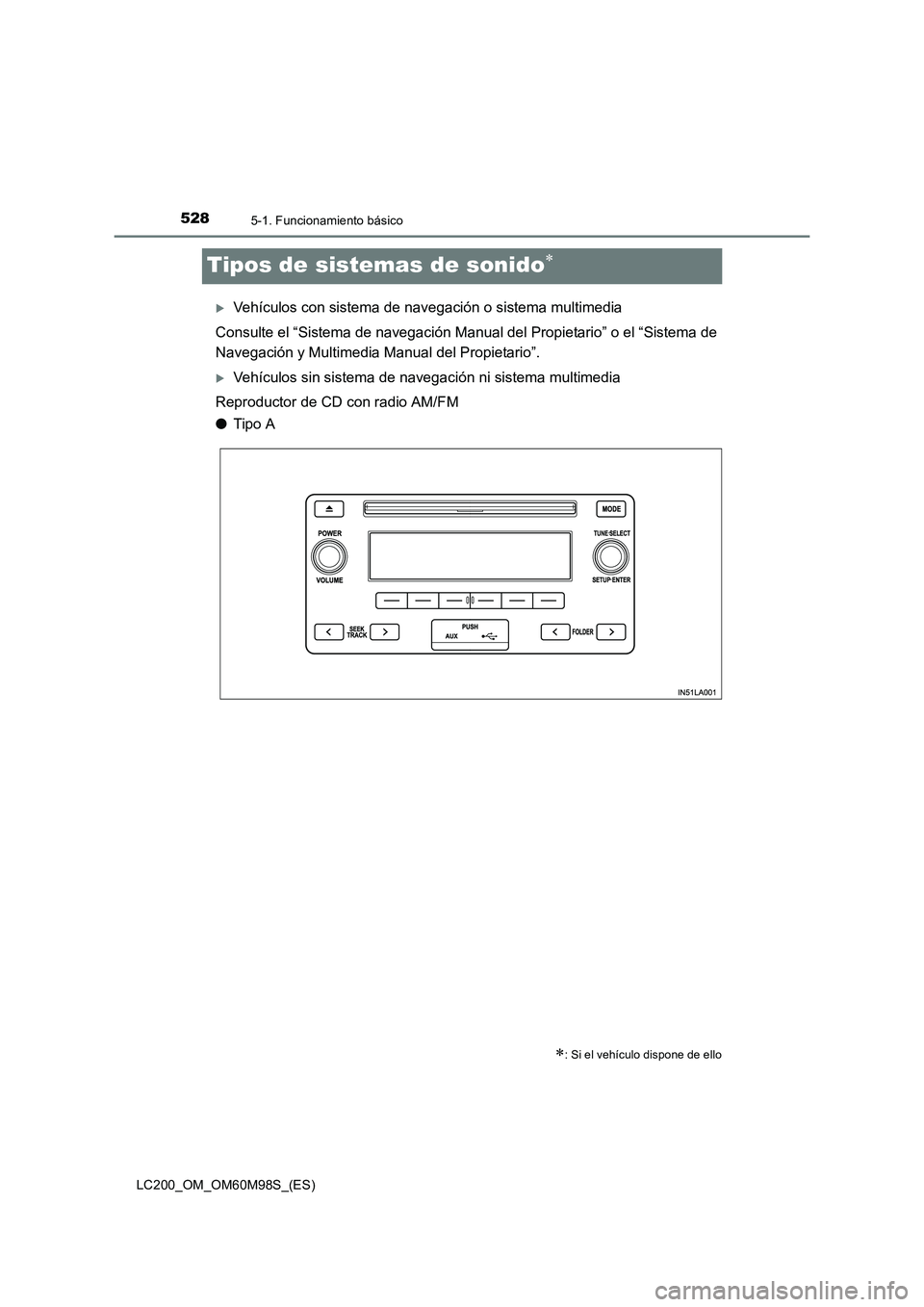 TOYOTA LAND CRUISER 2015  Manual del propietario (in Spanish) 5285-1. Funcionamiento básico
LC200_OM_OM60M98S_(ES)
Tipos de sistemas de sonido∗
�XVehículos con sistema de navegación o sistema multimedia
Consulte el “Sistema de navegación Manual del Propi