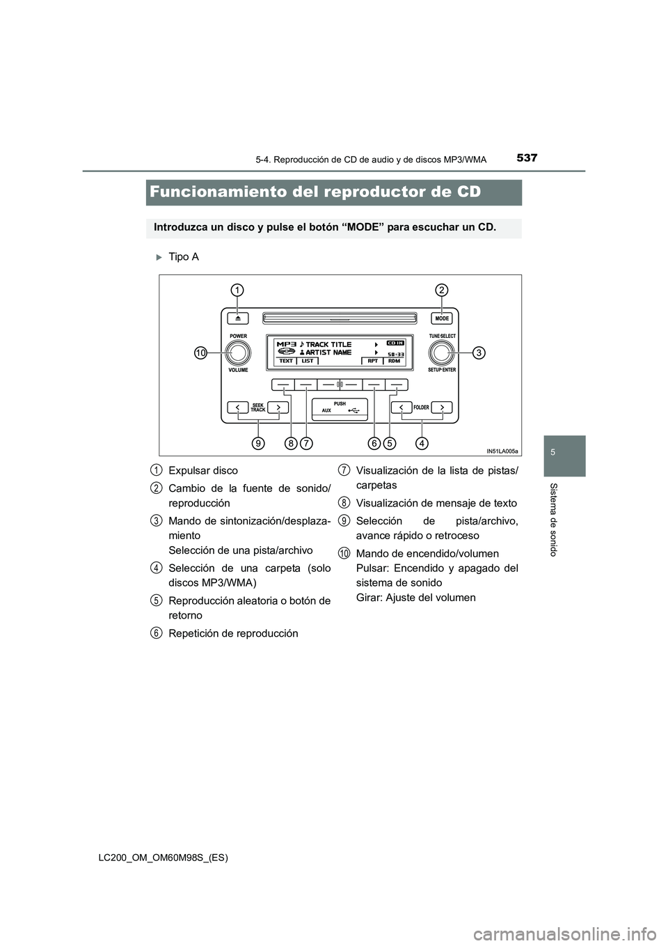 TOYOTA LAND CRUISER 2016  Manual del propietario (in Spanish) 537
5
5-4. Reproducción de CD de audio y de discos MP3/WMA
Sistema de sonido
LC200_OM_OM60M98S_(ES)
Funcionamiento del reproductor de CD
�XTipo A
Introduzca un disco y pulse el botón “MODE” para