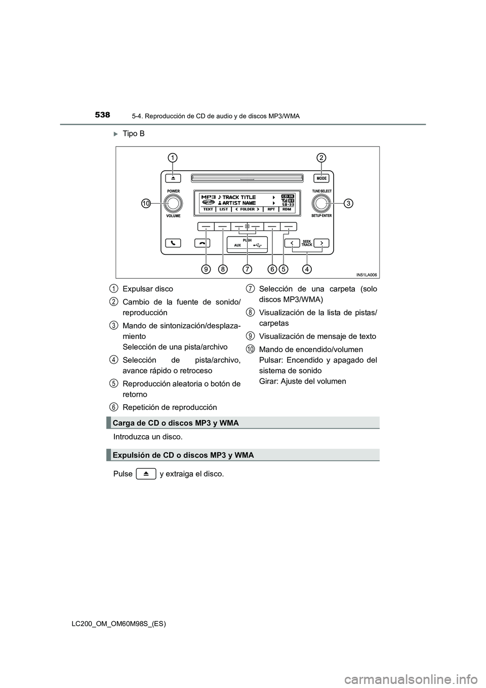 TOYOTA LAND CRUISER 2016  Manual del propietario (in Spanish) 5385-4. Reproducción de CD de audio y de discos MP3/WMA
LC200_OM_OM60M98S_(ES)
�XTipo B
Introduzca un disco.
Pulse   y extraiga el disco.
Expulsar disco
Cambio de la fuente de sonido/
reproducción
M